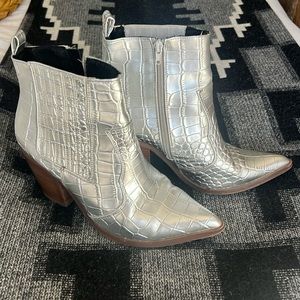 ASOS silver faux snake heeled bootie